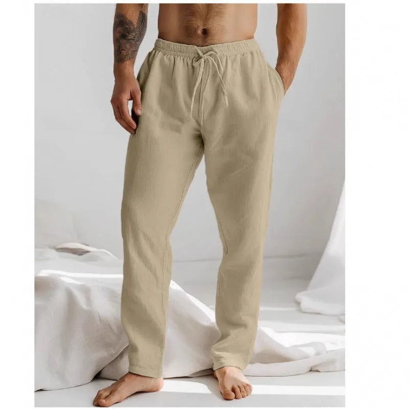 Men's light blue cotton-linen summer trousers with elastic waistband and straight leg design