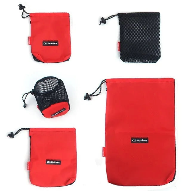 Red outdoor travel storage bag set with 5 pieces showing Oxford cloth and mesh construction