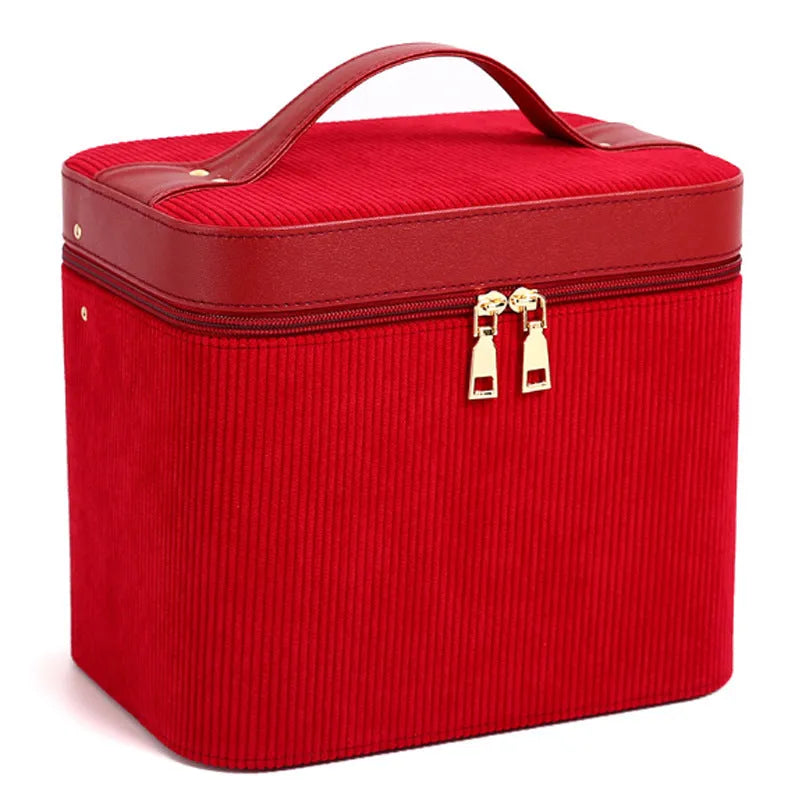 Corduroy cosmetic storage box with large capacity interior and polyester cotton lining