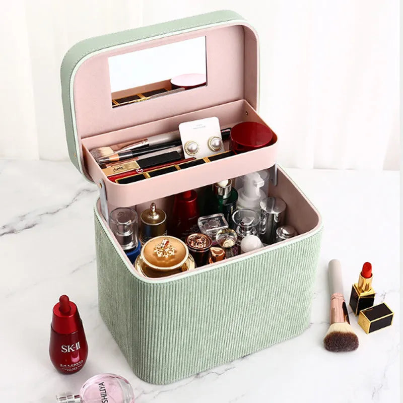 Corduroy cosmetic storage box with large capacity interior and polyester cotton lining