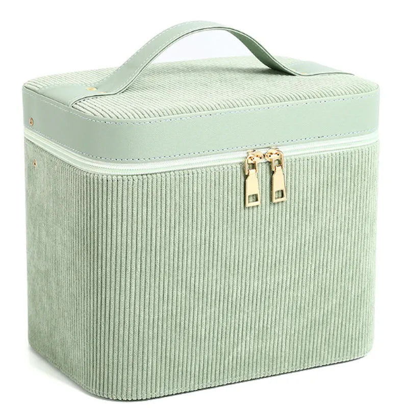 Corduroy cosmetic storage box with large capacity interior and polyester cotton lining