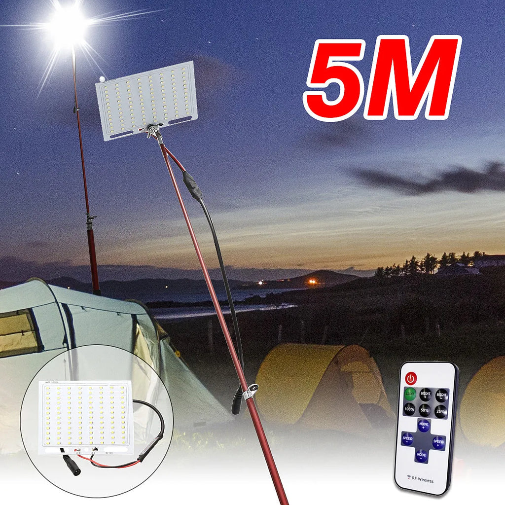 White LED fishing rod light with telescopic pole extended, remote control, showing 120x95mm panel size