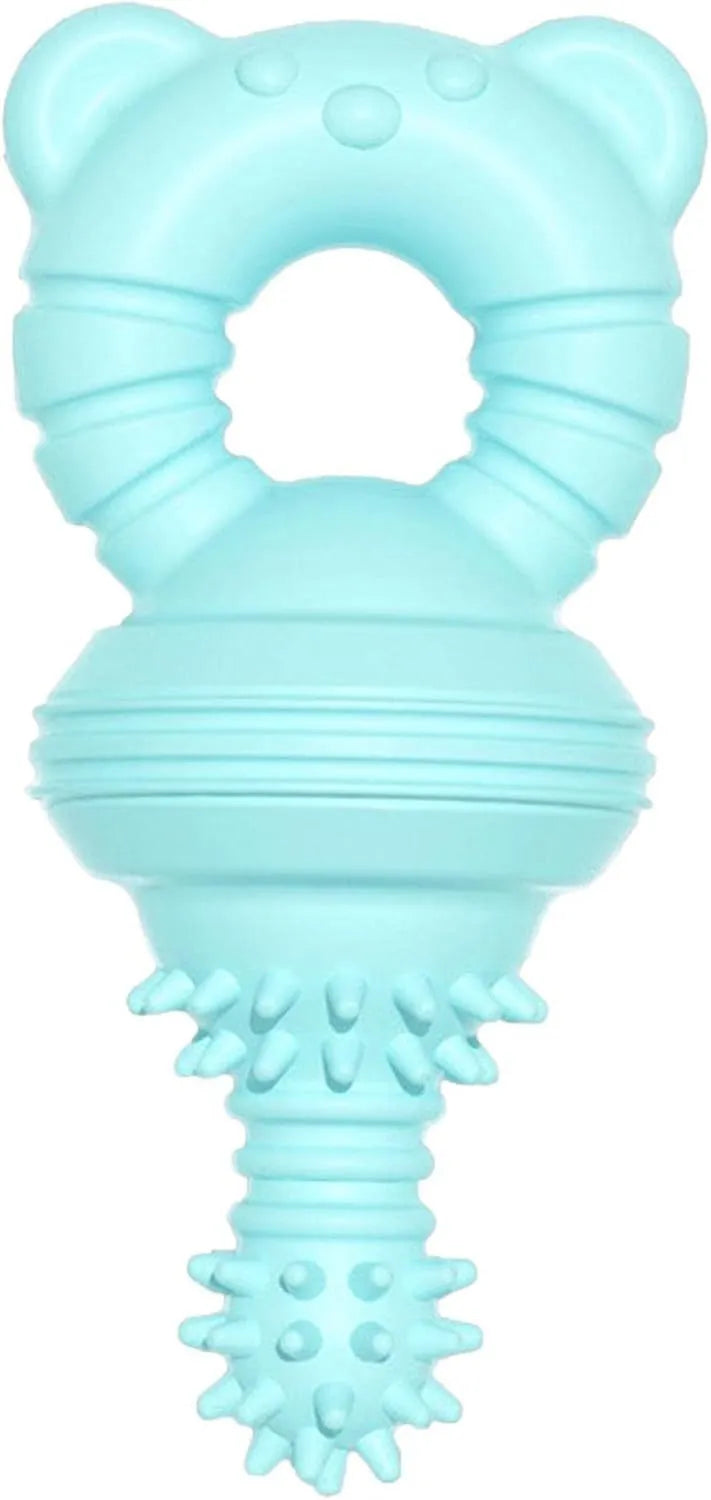Blue molar-shaped rubber dog chew toy with textured surface for teeth cleaning.