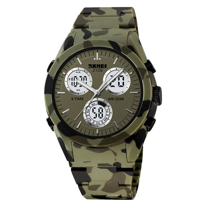 Unisex electronic casual watch with ABS case and TPU strap, shown in Army Green camouflage colour.