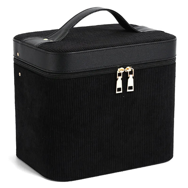 Corduroy cosmetic storage box with large capacity interior and polyester cotton lining