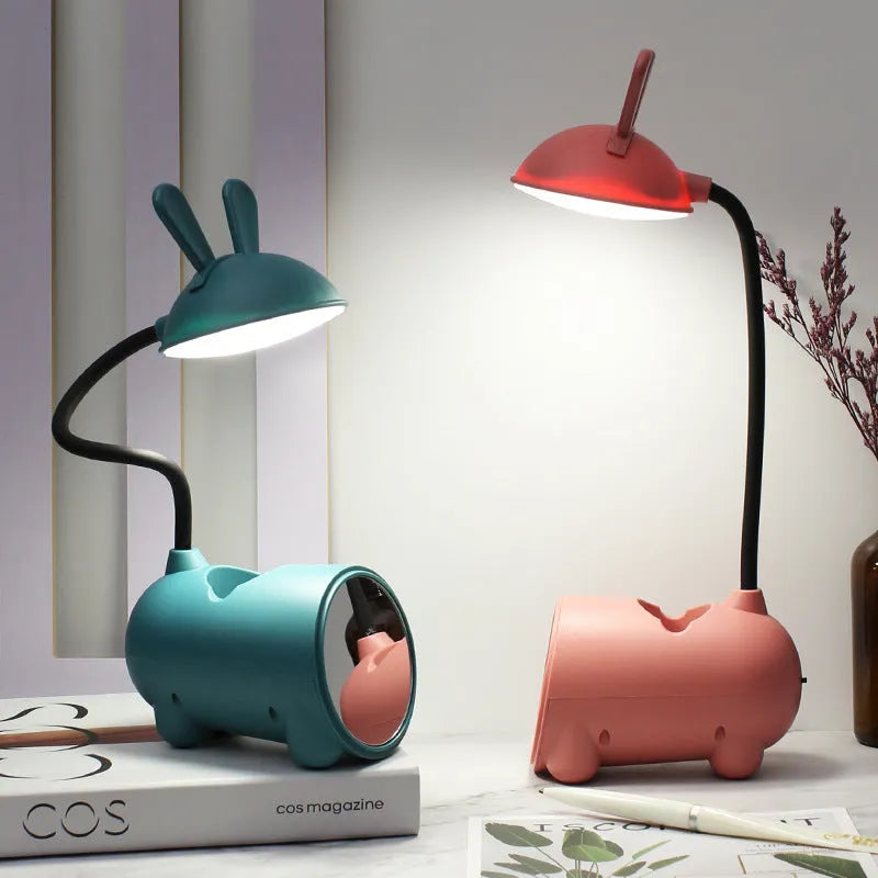 Cartoon desktop pen container table lamp with USB power supply in green, dark blue, or pink colour options
