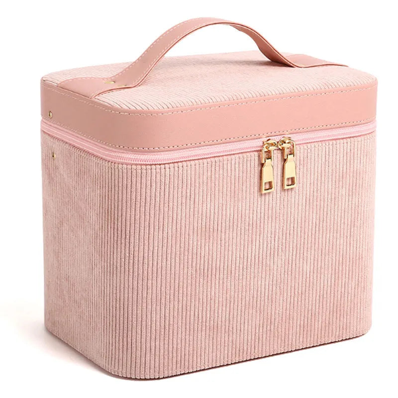 Corduroy cosmetic storage box with large capacity interior and polyester cotton lining