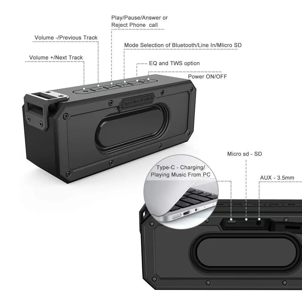 Black waterproof Bluetooth speaker with climbing rope attached showing dimensions 207x63x80mm