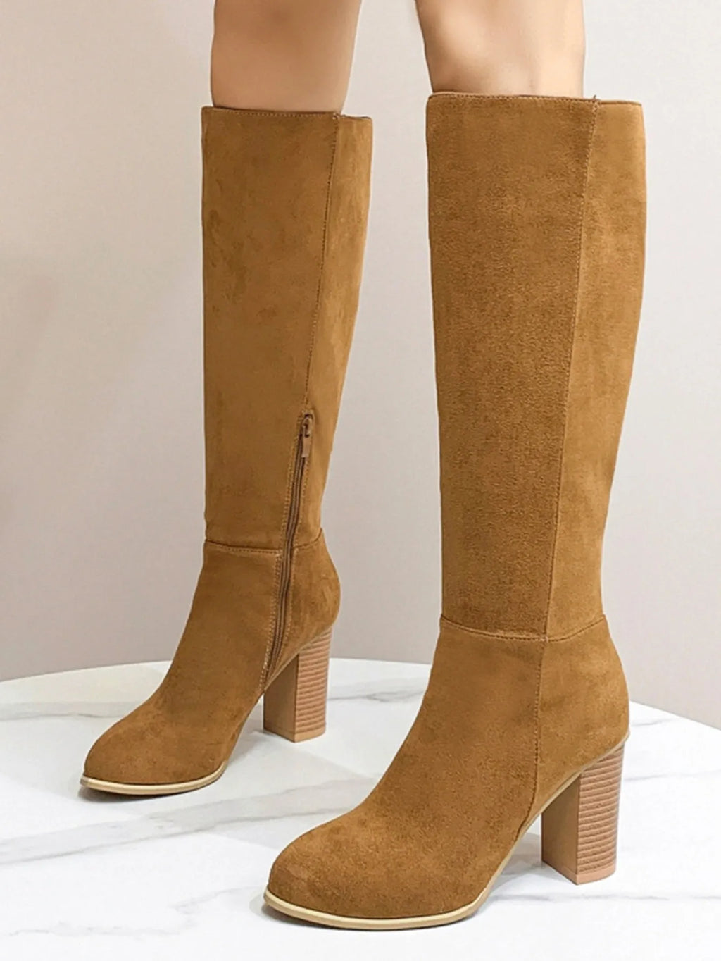 Black square toe high heel fashion boot for women made from artificial PU leather