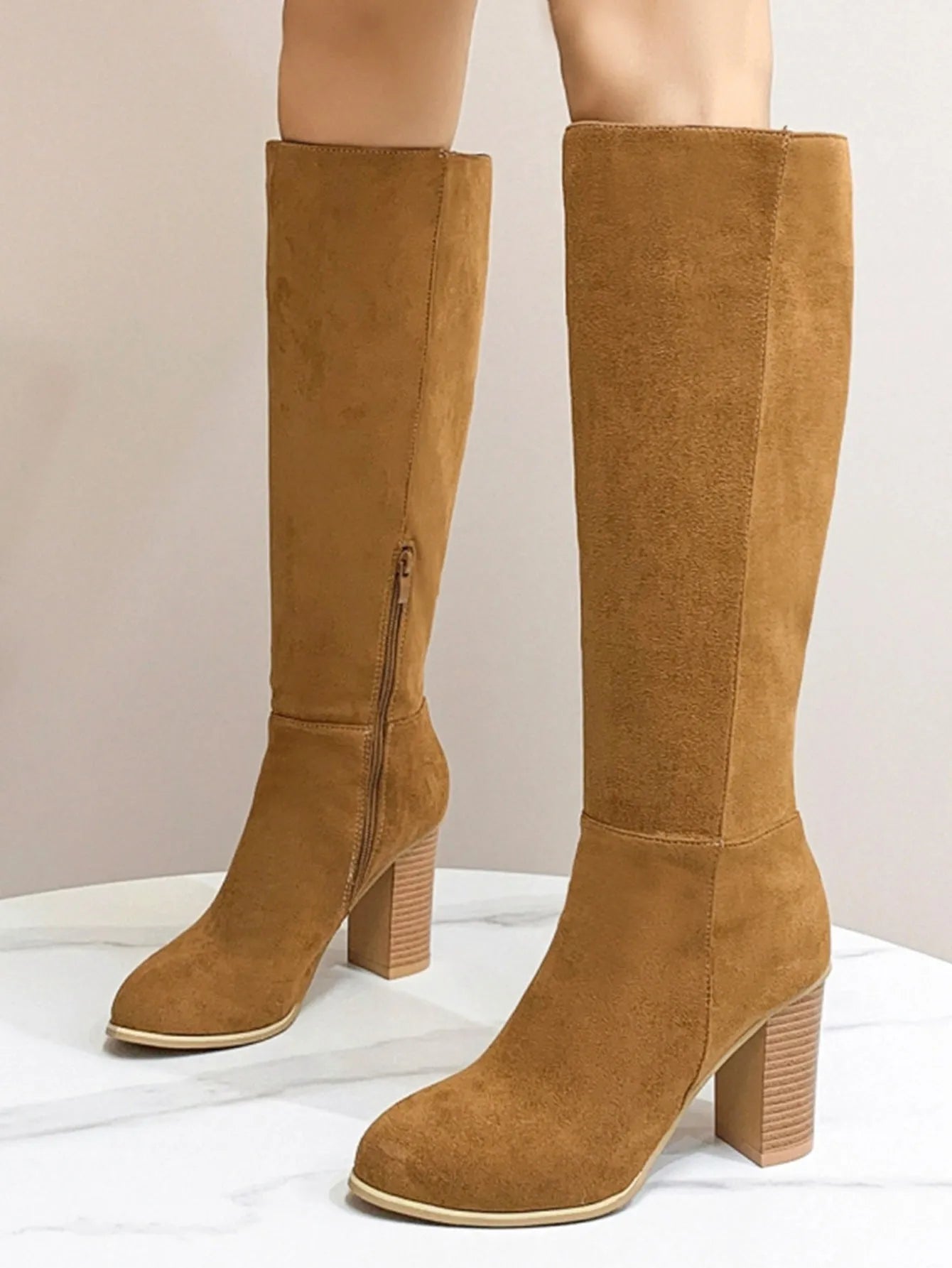 Black square toe high heel fashion boot for women made from artificial PU leather