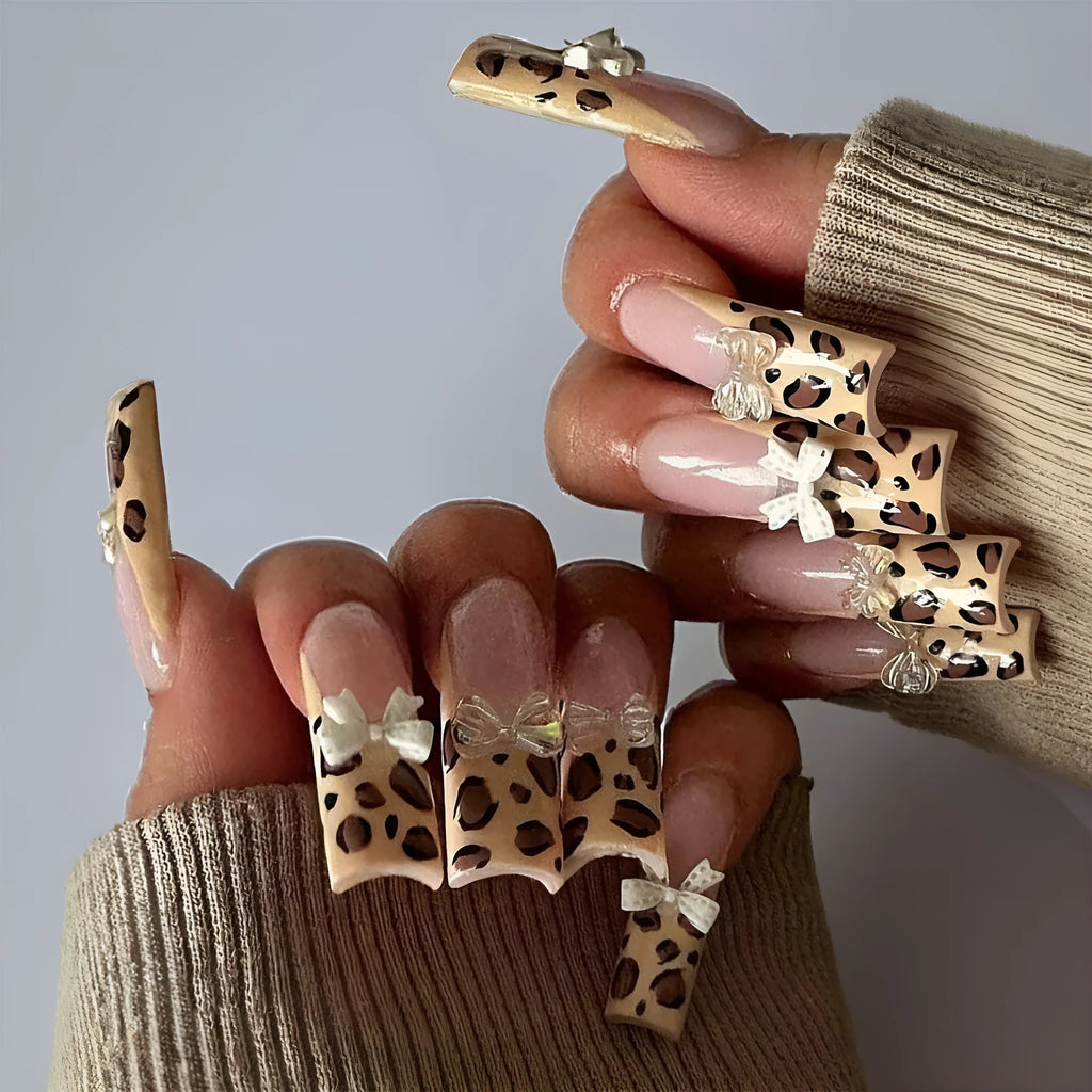 Leopard print butterfly design false nails for women in WM296 colour