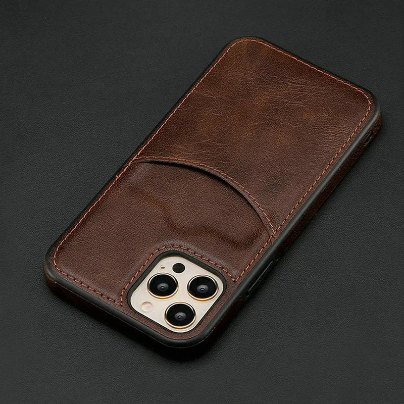 Dark blue PU leather protective case for iPhone models, showing front and back view.