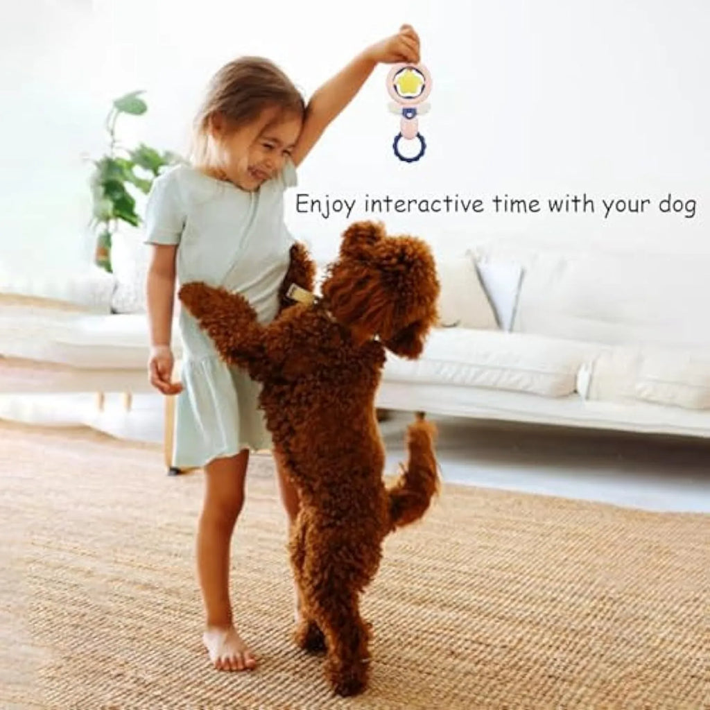 Pink interactive dog toy set with squeaky toys and dental chews for large breeds
