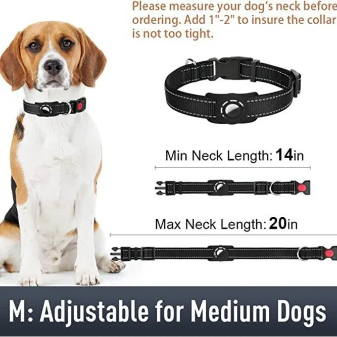 Reflective nylon dog collar with diving cloth tracker cover, in black, shown with adjustable buckle and four size options