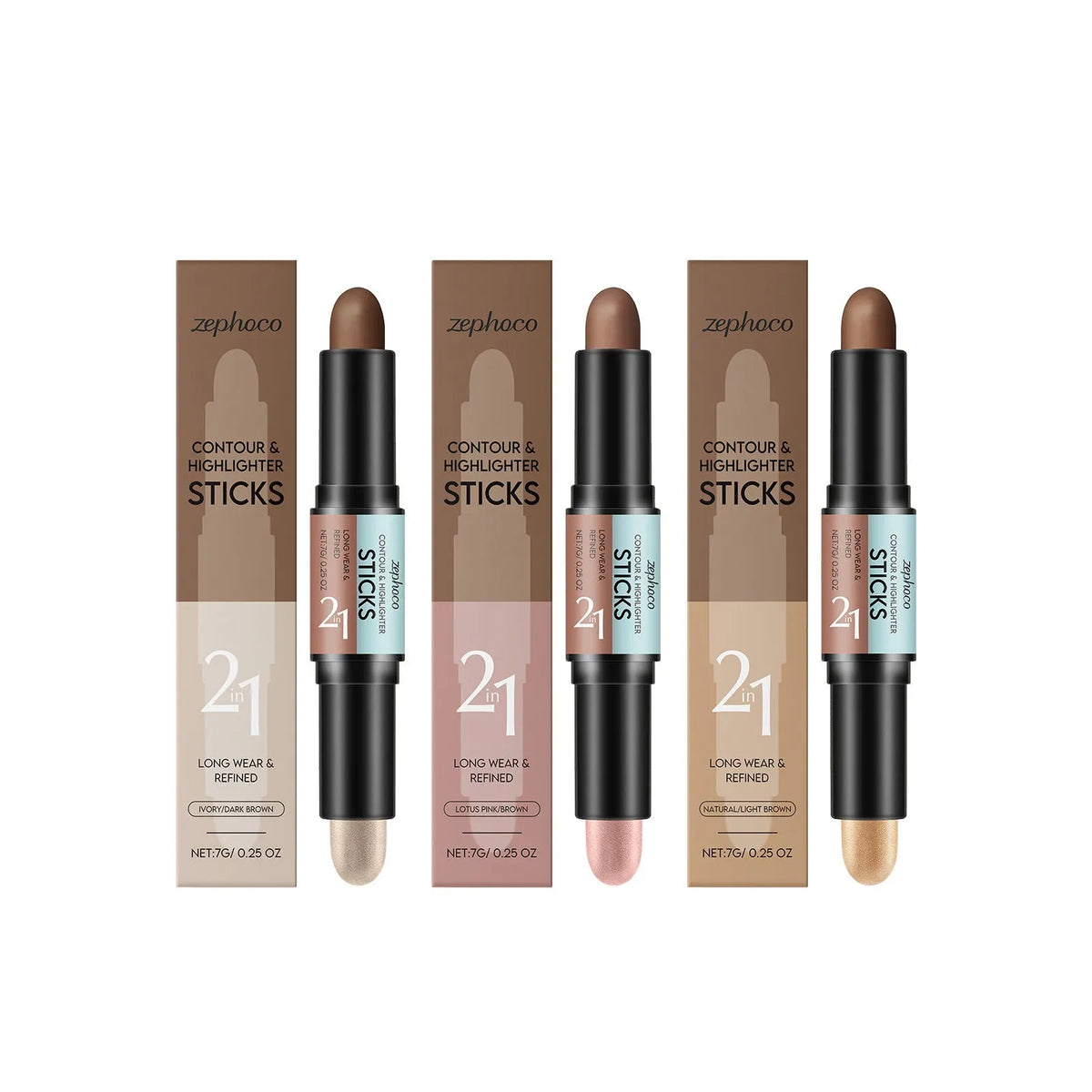 Makeup highlighter contour stick with dual-ended design showing three colour options
