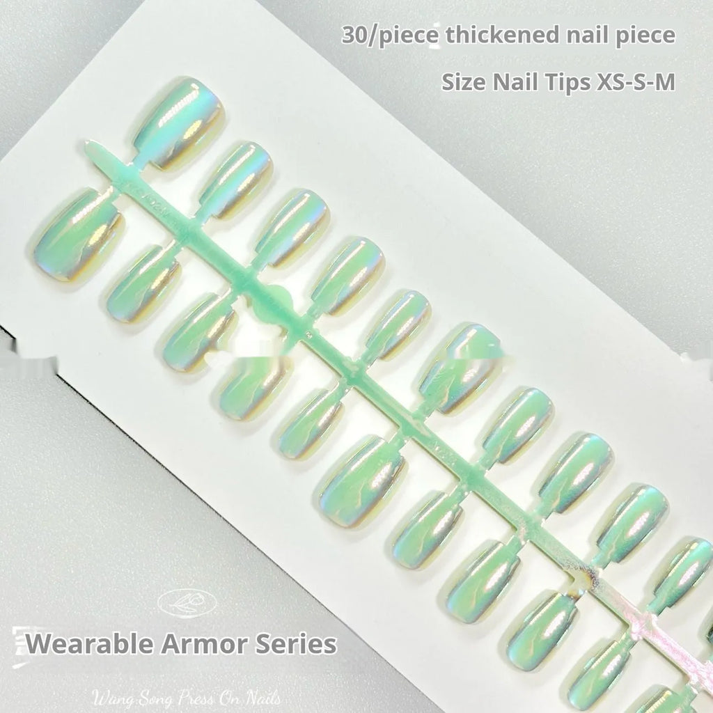 Electroplated Cat's Eye false nail set showing short ladder sizing in XS, S and M sizes with multiple finish options