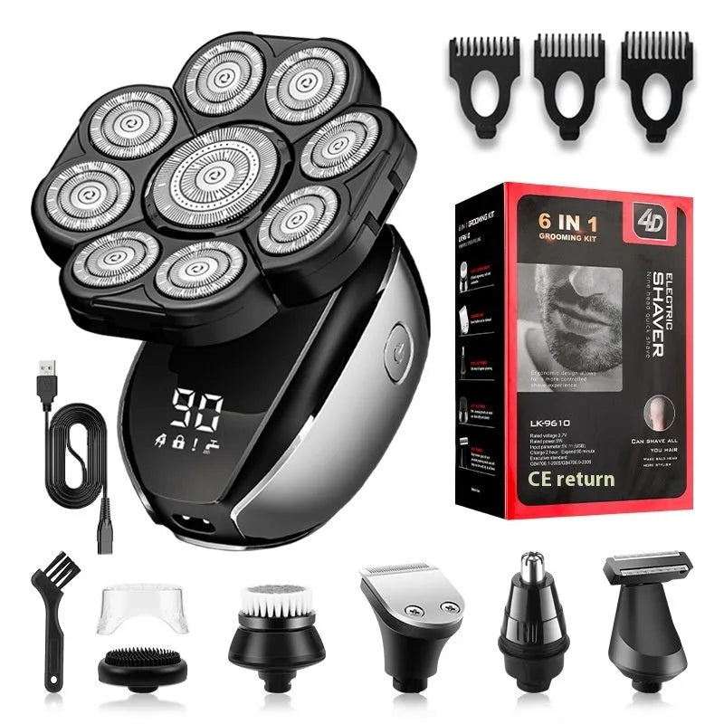 Black 6-in-1 rechargeable haircut kit with multiple attachments including hair clipper, shaver, and grooming tools