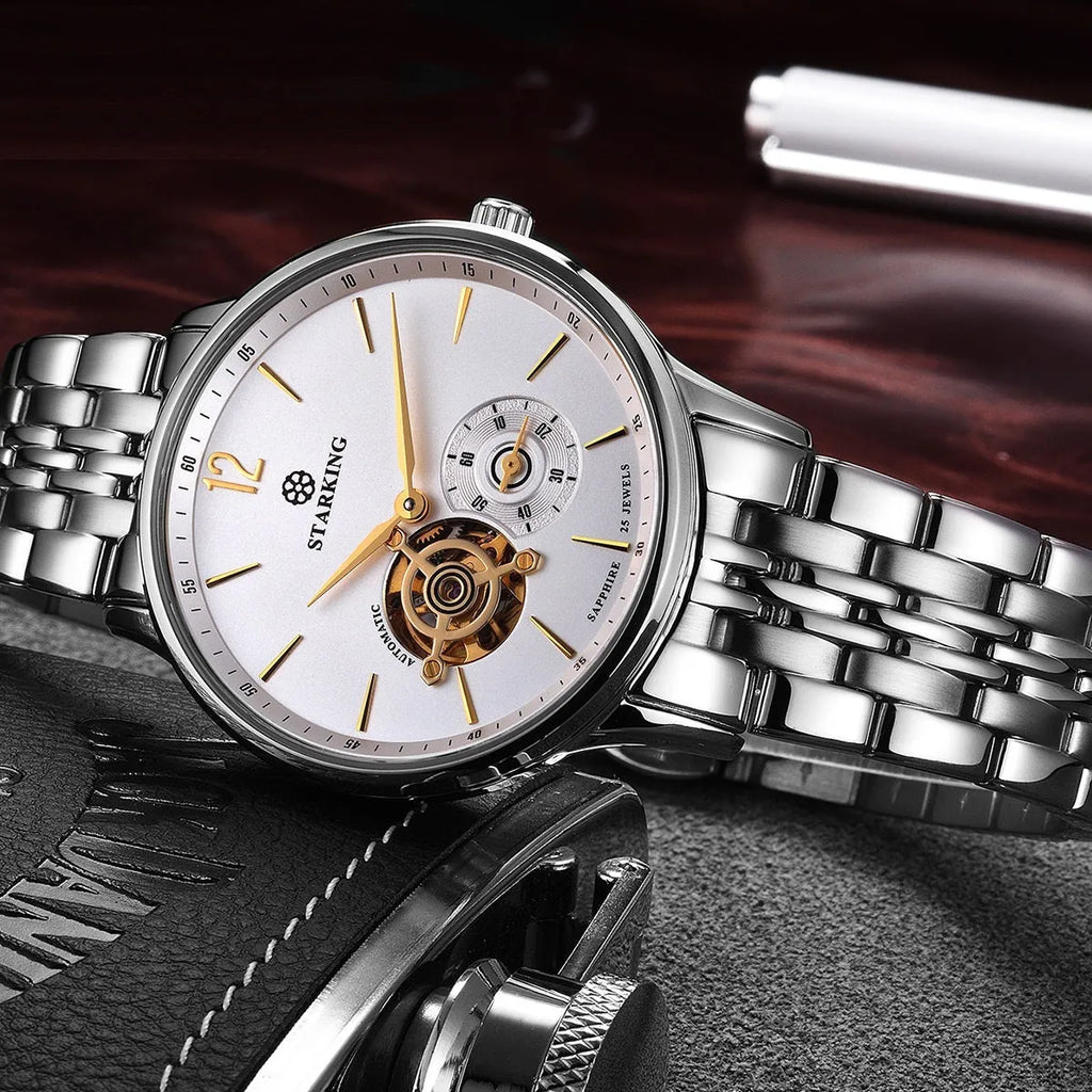 Automatic mechanical men's business watch with hollow three-hand design on brown leather strap