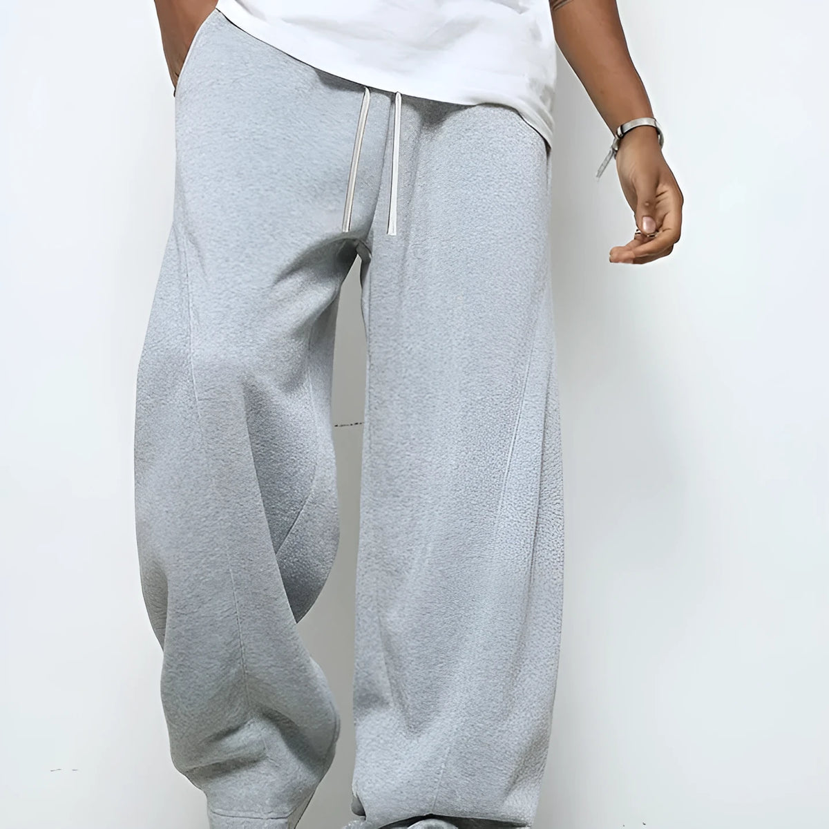 Men's straight-leg casual trousers in grey with a micro-elastic drawstring waist.