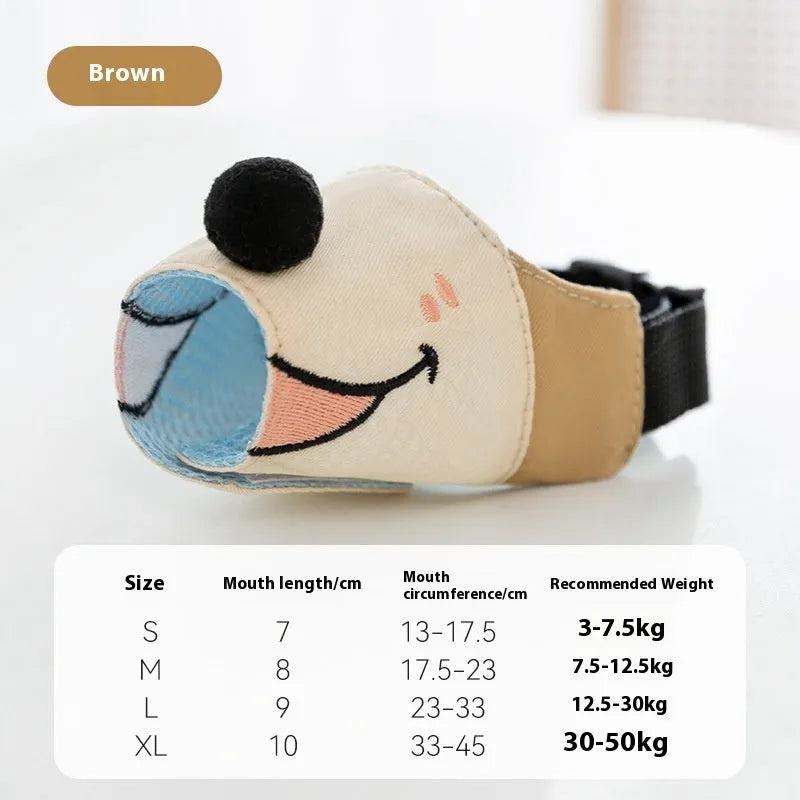 Canvas dog muzzle cover in Ollie Brown Bear or Bondi Blue Shark colours with four weight-based size options