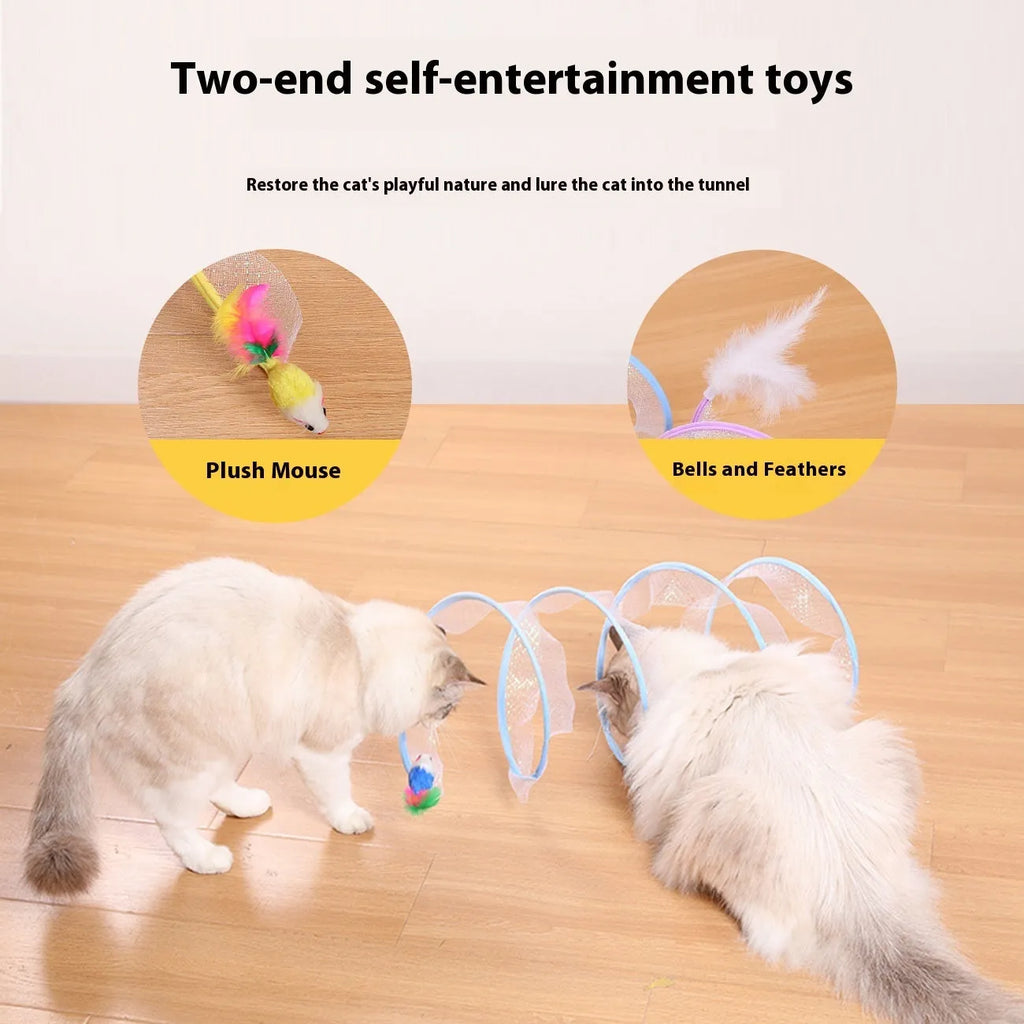 S-Type cat tunnel toy with flexible steel wire frame, elastic net mesh, and feather lure