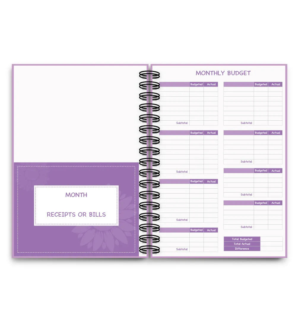 J12 purple coil-bound budget notebook with pen, sticker sheets, and paper clips for financial planning.