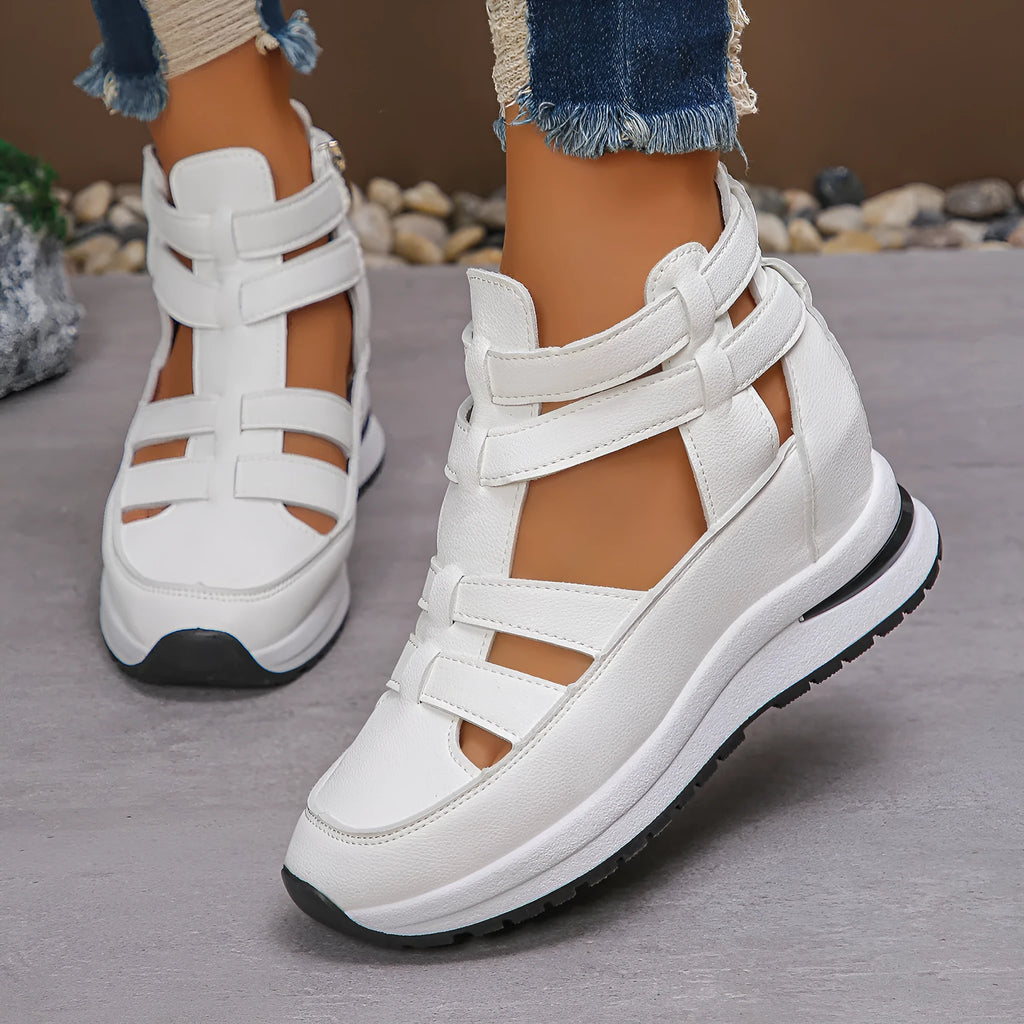 Women's black close-toed hollow-out platform sandals with Velcro strap