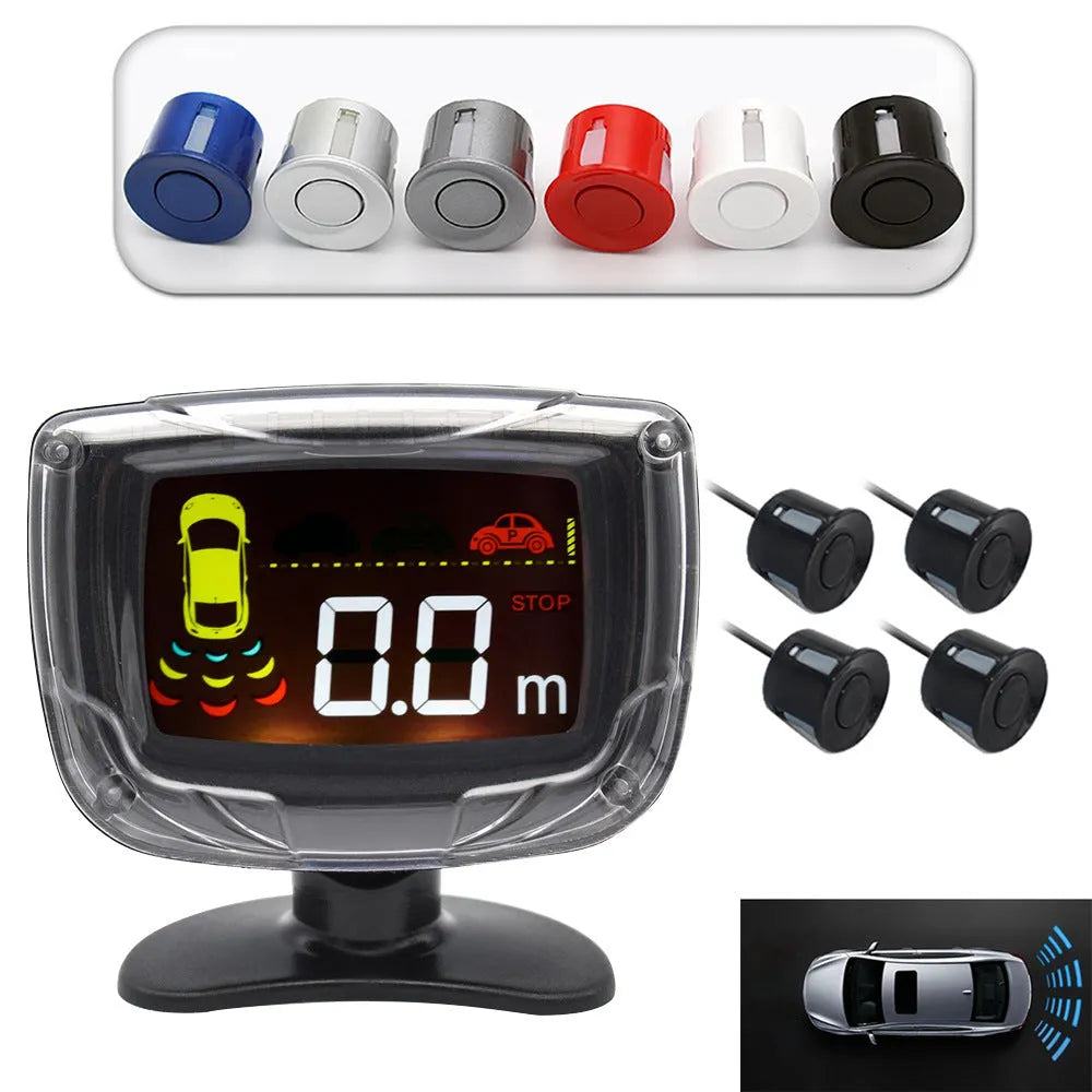 Wireless vehicle reversing sensor kit with main unit, four black probes, LED display, and installation tools.