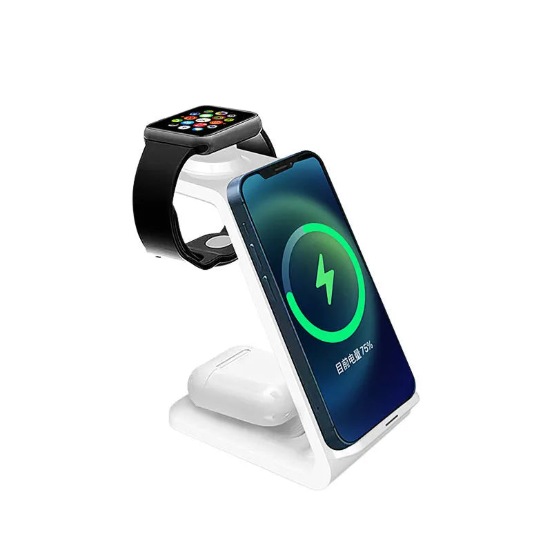 Black and white 3-in-1 upright wireless charging phone holder with Type-C cable