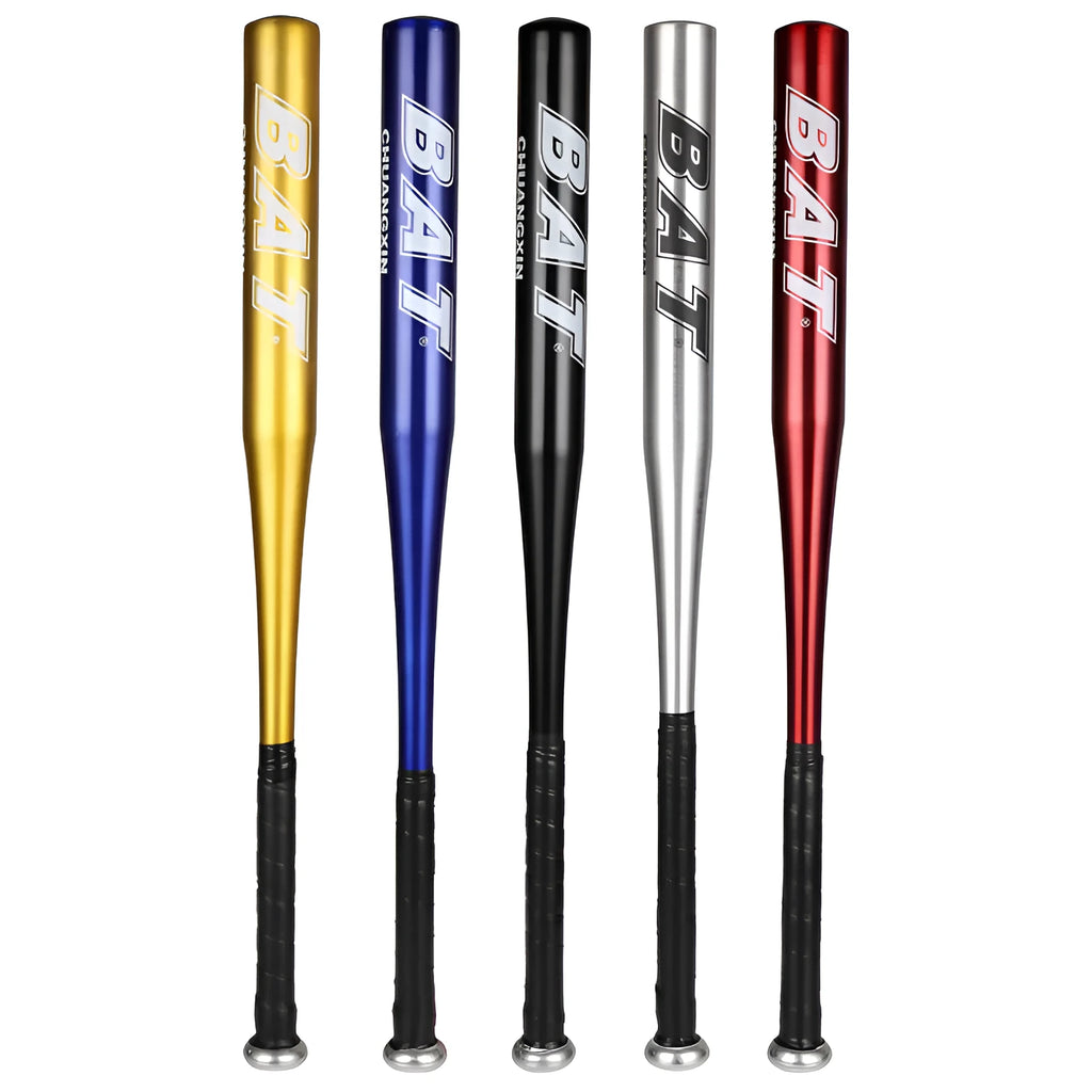 A6061 aluminum baseball bat with non-slip rubber grip, shown in silver, blue, red, black or gold, 20 or 25 inch