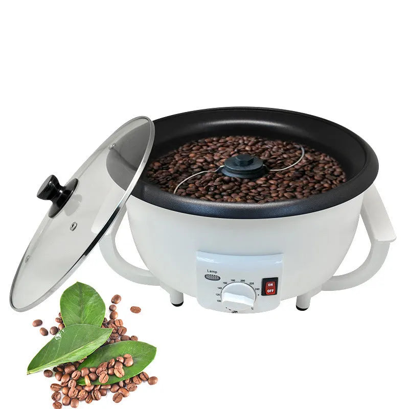 White oblate-shaped home coffee bean roasting machine with 750g capacity.