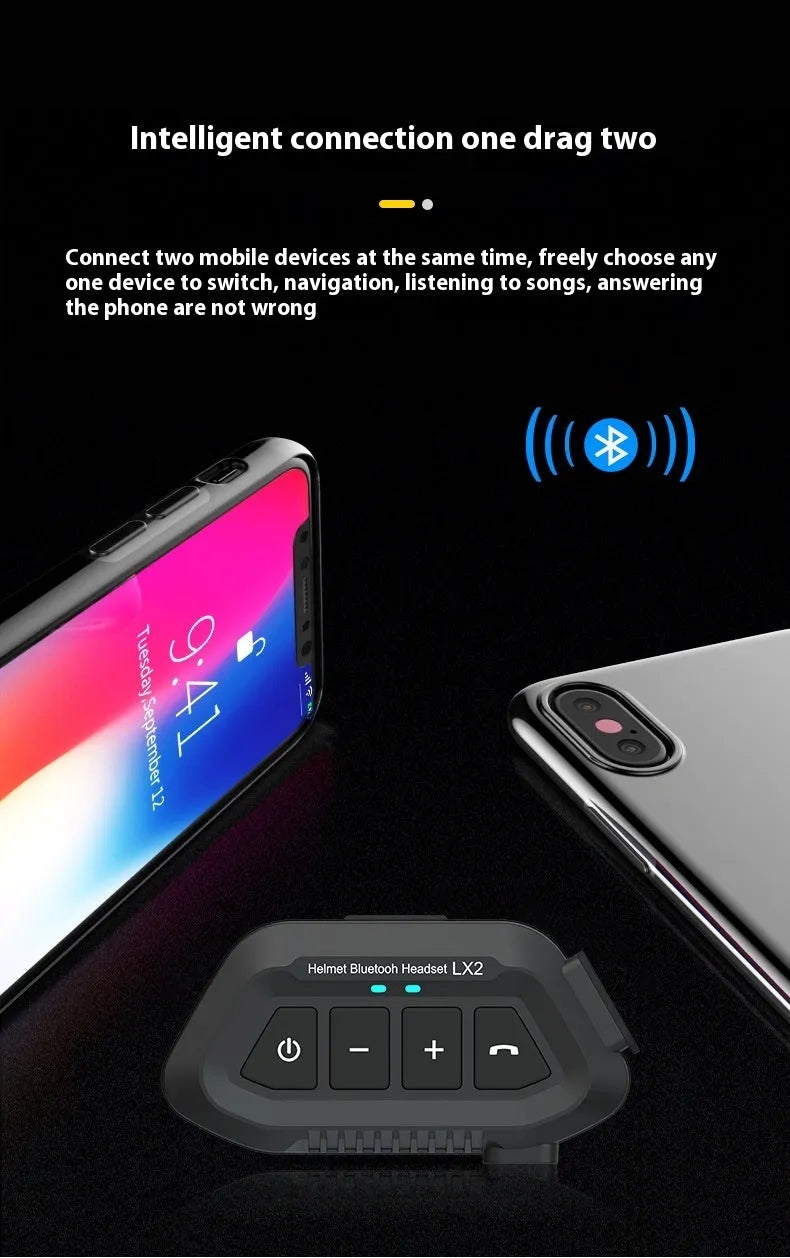 Bilateral stereo wireless rider headset in black or white with ATS chip, 15 metre range, and 25 hour battery