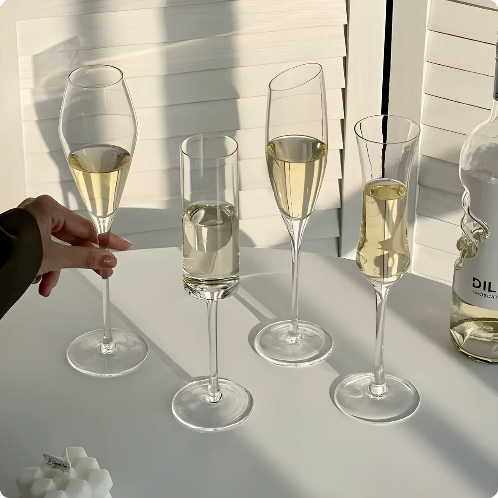 French champagne glass goblet or flute in clear glass, one of seven style variations