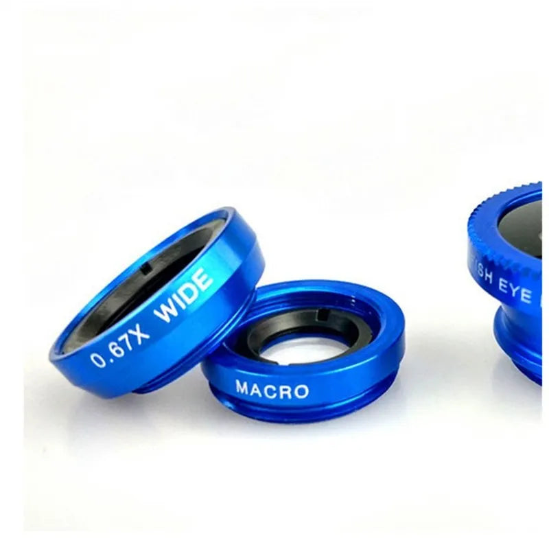 Smartphone 3-in-1 lens kit with fisheye, wide angle and macro lenses in aluminium alloy case