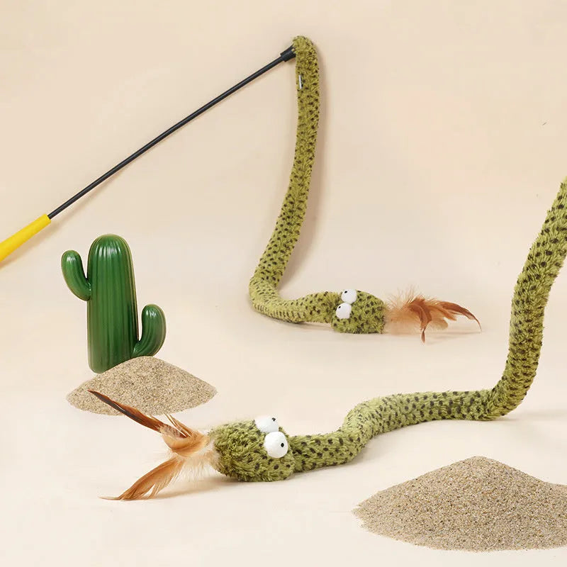 Green cat teasing wand toy with feather attachment on 140cm long pole for interactive play