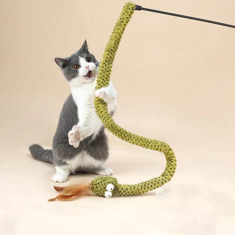 Green cat teasing wand toy with feather attachment on 140cm long pole for interactive play