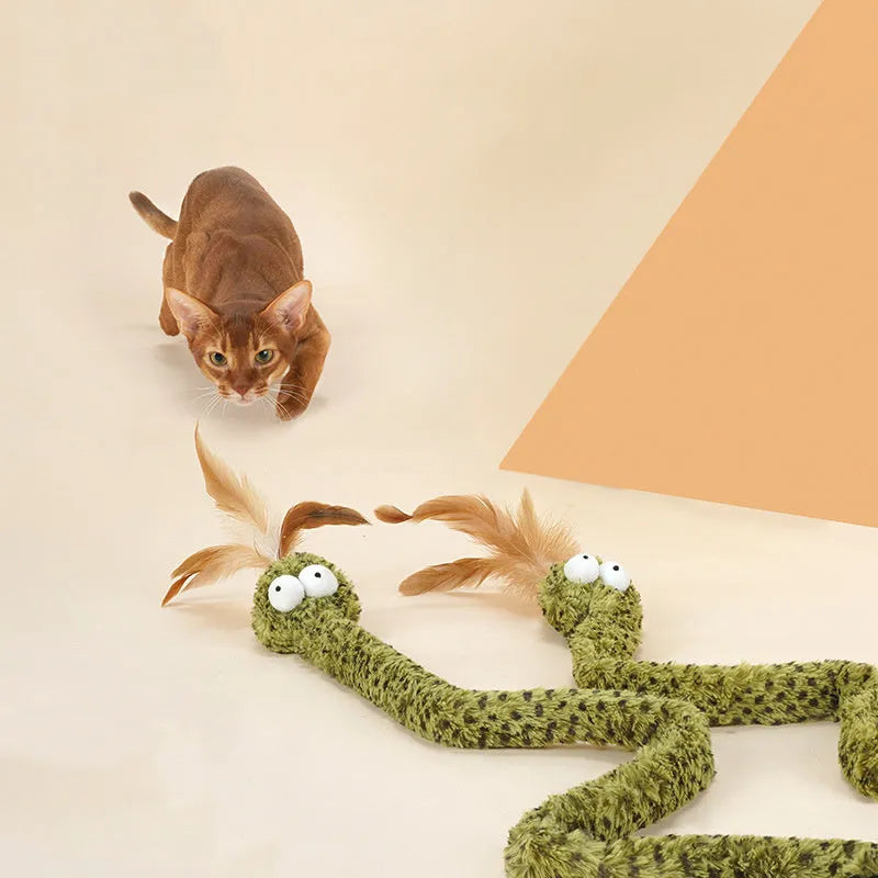 Green cat teasing wand toy with feather attachment on 140cm long pole for interactive play