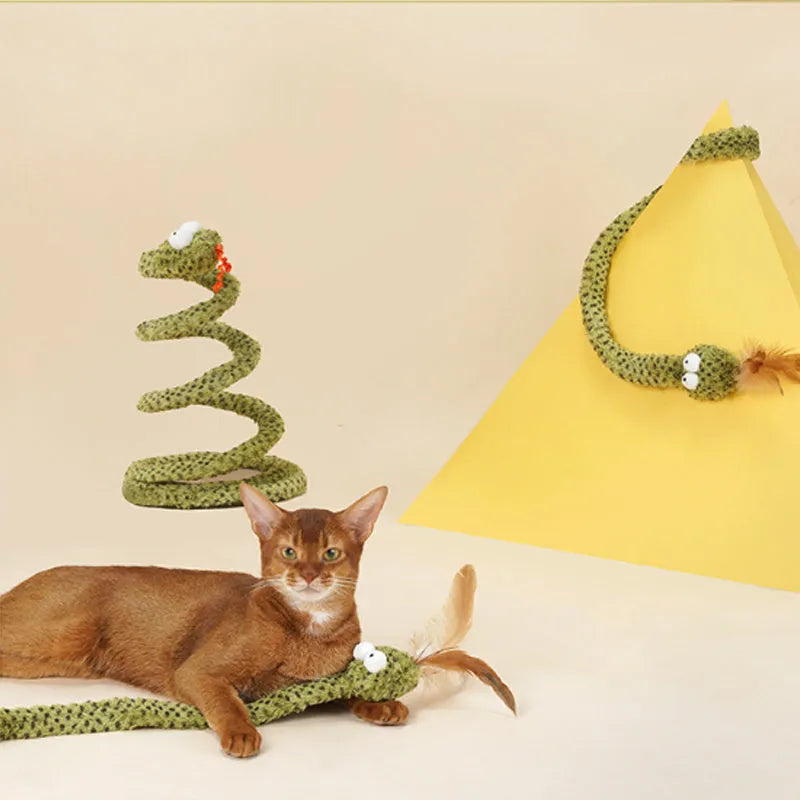 Green cat teasing wand toy with feather attachment on 140cm long pole for interactive play