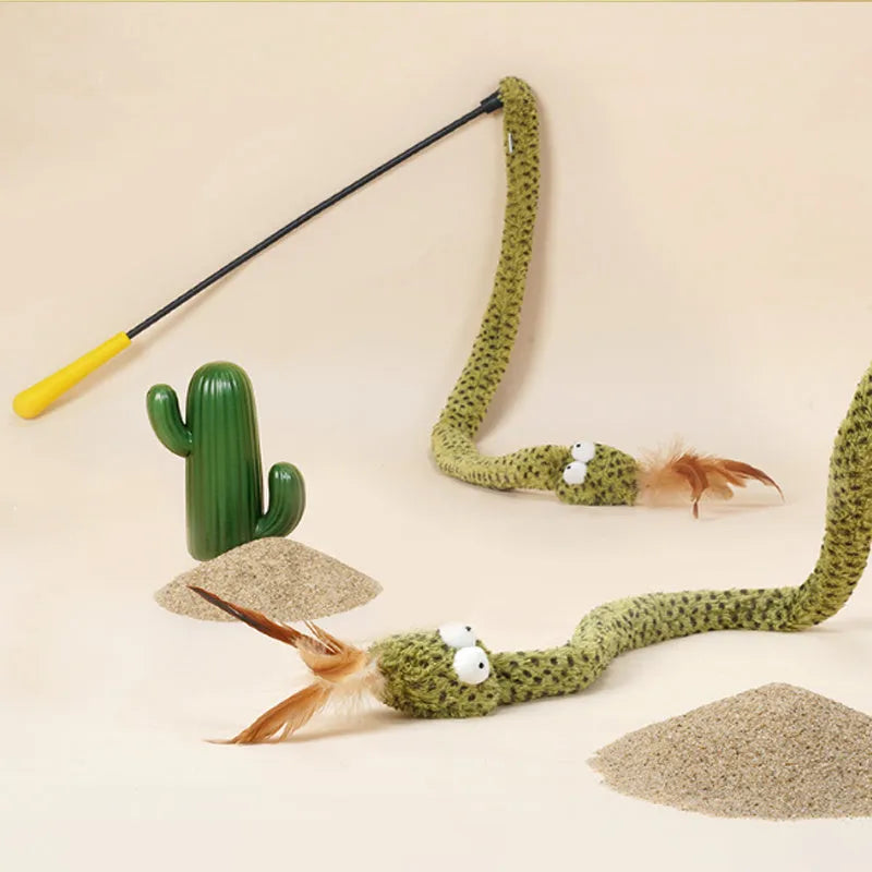 Green cat teasing wand toy with feather attachment on 140cm long pole for interactive play