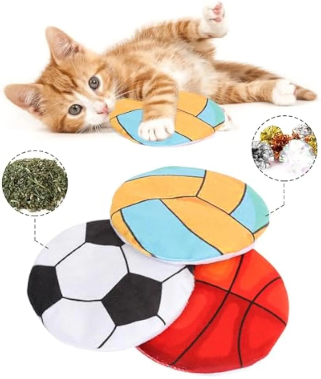 Catnip flying disc toy with plush exterior and sports ball patterning for indoor cats