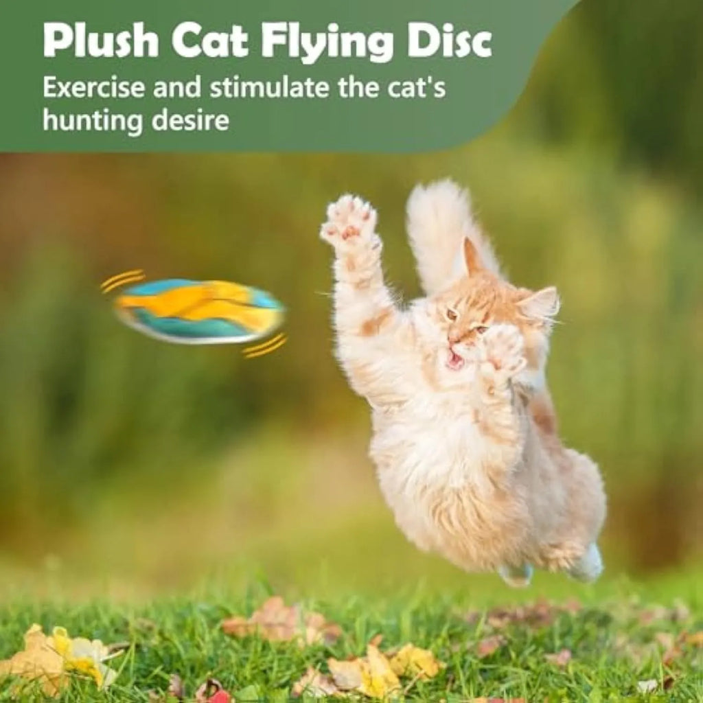 Catnip flying disc toy with plush exterior and sports ball patterning for indoor cats