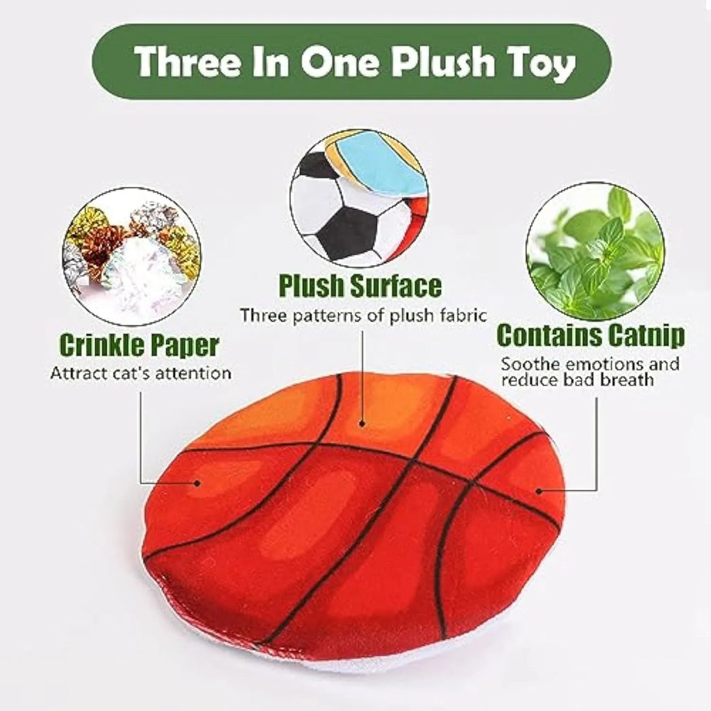 Catnip flying disc toy with plush exterior and sports ball patterning for indoor cats