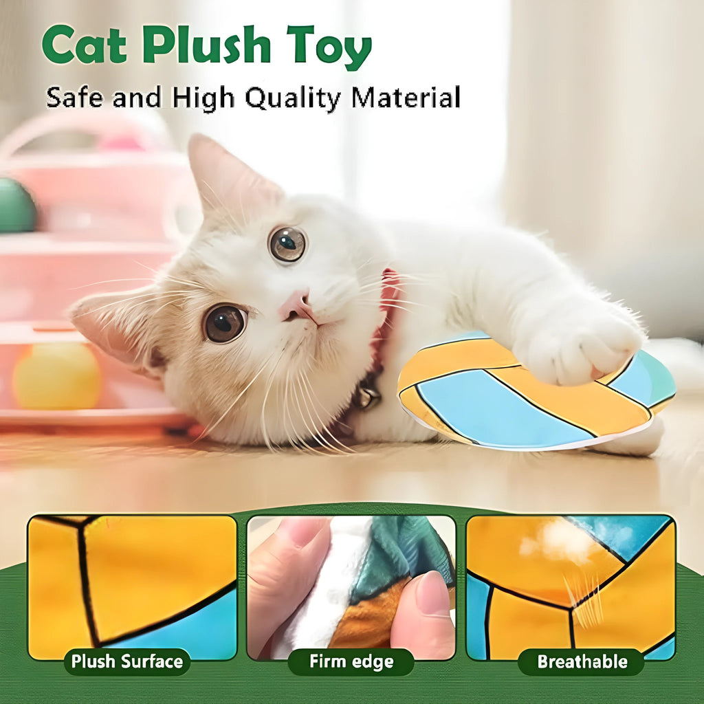 Catnip flying disc toy with plush exterior and sports ball patterning for indoor cats