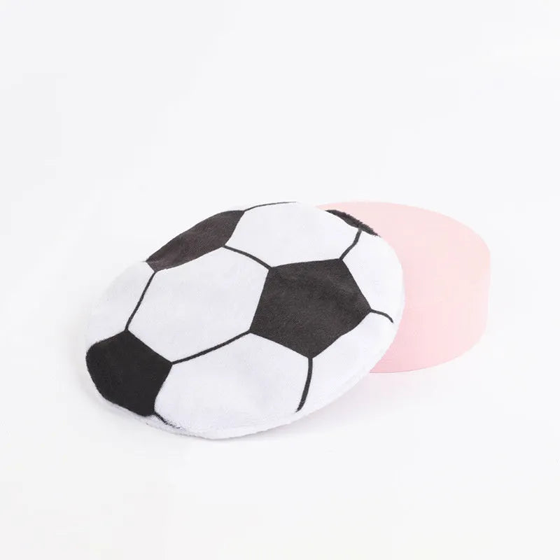 Catnip flying disc toy with plush exterior and sports ball patterning for indoor cats