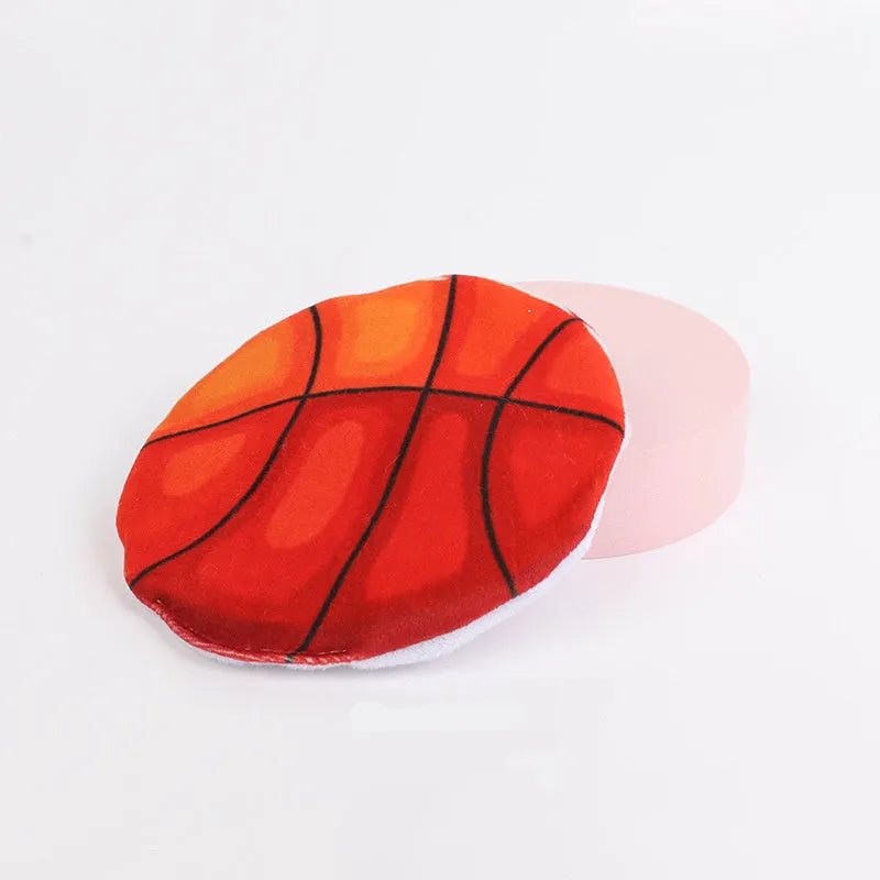 Catnip flying disc toy with plush exterior and sports ball patterning for indoor cats