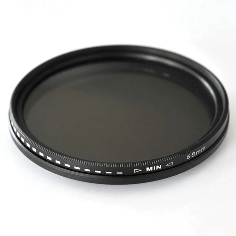 Multi-diameter adjustable camera neutral density filter set with adapter rings