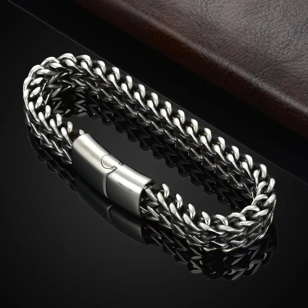 Silver geometric titanium steel men's bracelet shown in 4x8mm and 5x10mm width styles.