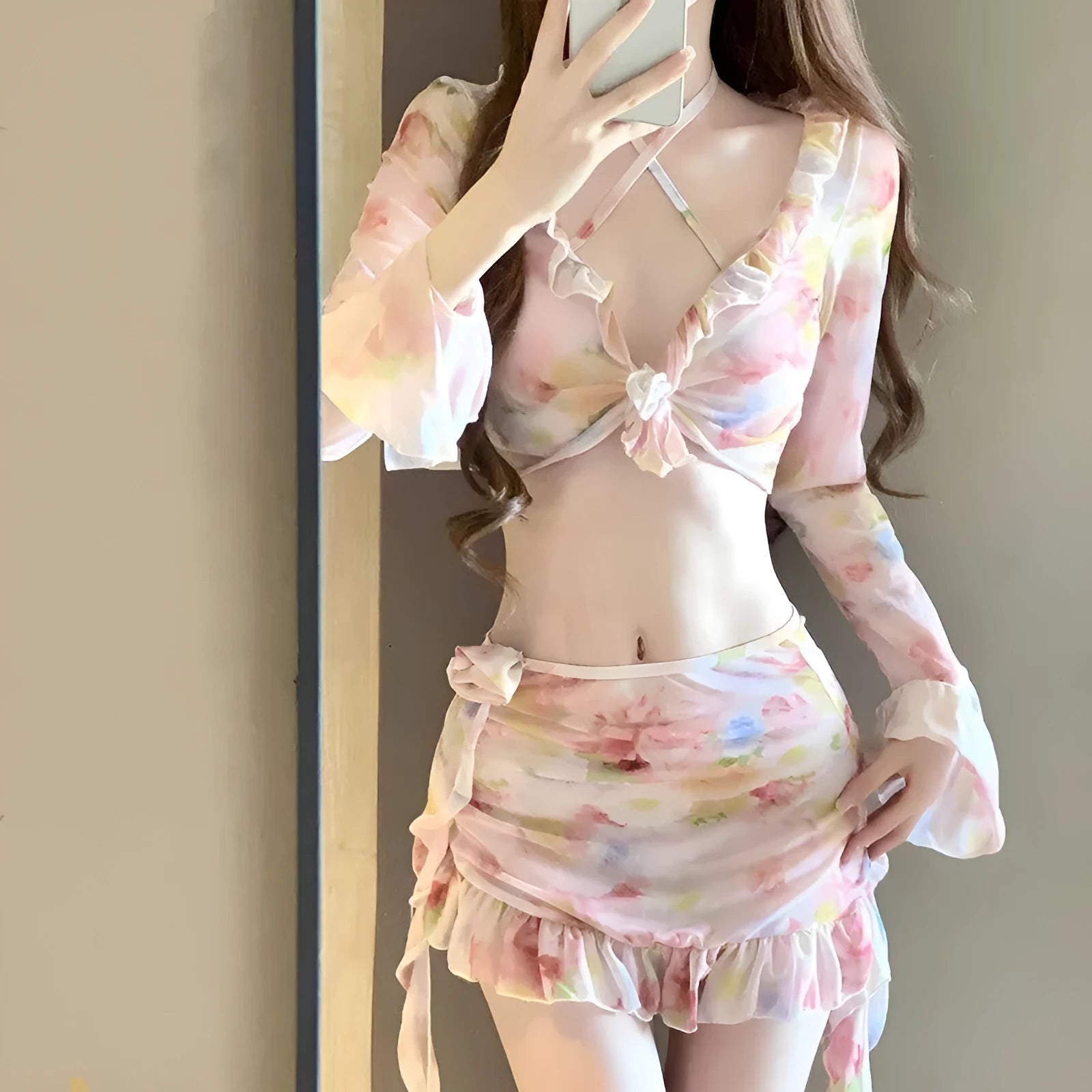 Women's floral cherry blossom pink swimsuit bikini with polyester fabric