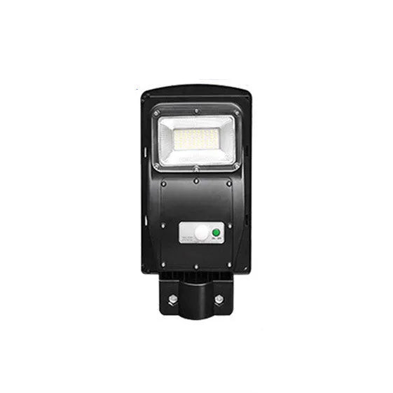 Integrated solar street light with aluminium housing and solar panel, showing remote control and outdoor installation