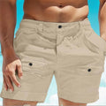 Men's linen shorts with elastic waistband and side button pockets in straight leg style